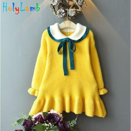 2020 Winter Girls Vestidos Girls' Wool Dress Artificial Mink Cashmere Knitting Dress Lacing Party Princess Dress For 3-7 Years