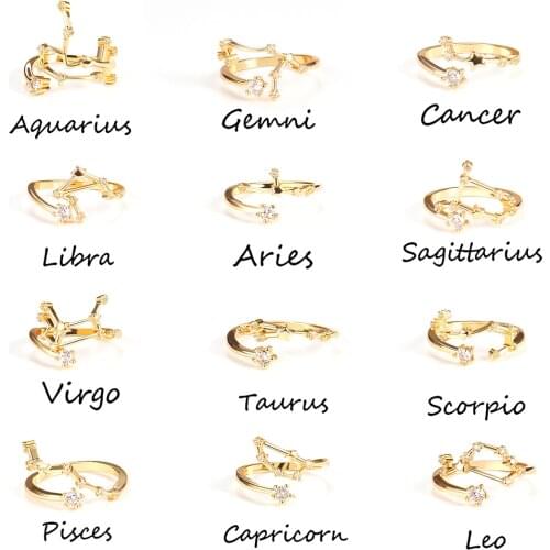 Opening Adjustable Ring Twelve Constellation Ring Women Ring Inlaid Cubic Zirconia 12 Constellation Romantic Birthday Gifts