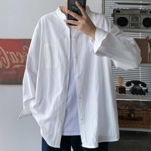 Korean Cotton Linen Men Shirts 2021 Harajuku Man Casual Long Sleeve Shirt Black White Male Basic Blouse Tops