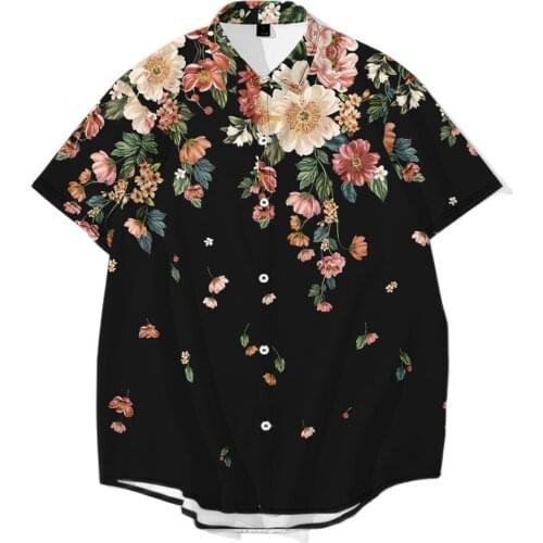 Men Black Floral Printed Casual Loose Turn Down Collar Hot Sale Button Line Male Short Sleeve Holiday Shirts