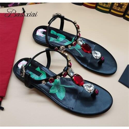 Print Flower T-strap Sandals For Girls Women Flat Heel Genuine Leather Crystal Rhinestone Chic Summer Sandalias Mujer