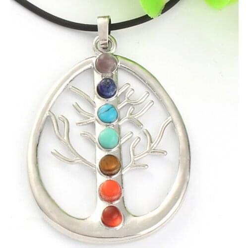 Trendy-beads Silver Plated 7 Round Beads Stone Wisdom Tree of Life Chakra Pendant Charm Jewelry