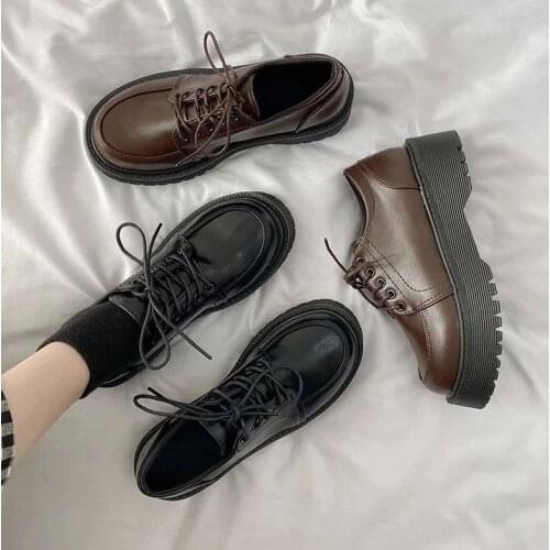 Shoes Women Platform Oxford Shoes 2021 autumn Vintage Brown Leather Lace Up Women Fashion Loafer Shoes Black Oxford Shoes