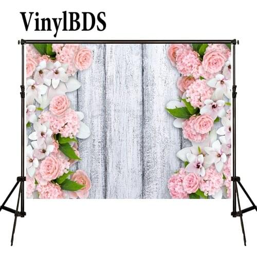 VinylBDS Background Pink Flower Backdrop White Wooden Photo Backdrops Wedding Background Newborn Photo Prop for Studio