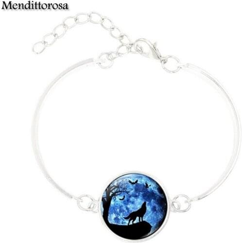 Mendittorosa Antique Vintage Style Black Leather Bracelet Bangle Jewellery For Girls Gift Moon Wolf Howling