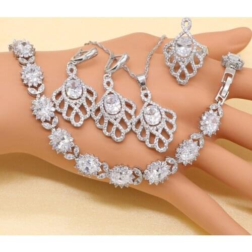 XUTAAYI Silver Jewelry Set For Women White Cubic Zirconia White Earring Necklace Ring Bracelet