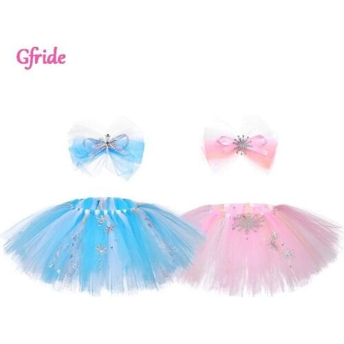 Blue Pink Girls Tutu Skirt With Bow Headband Kids Tulle Dress Up Halloween Christmas Fancy Party Clothing 2-8 Years