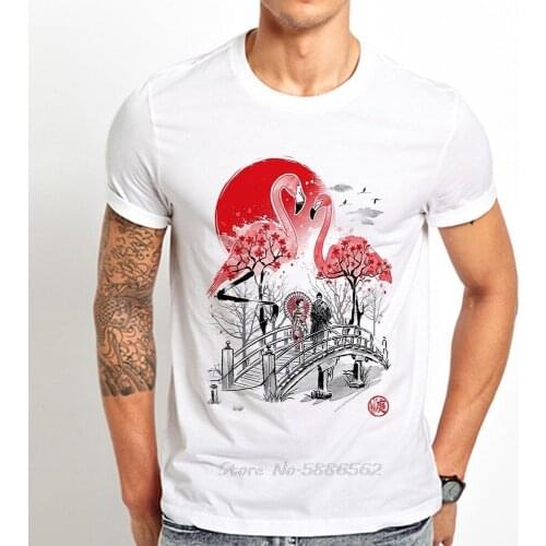 Japan Traditional Ukiyoe Style Flamingo Funny T Shirt Men Summer New White Casual Homme Cool Vintage Tshirt