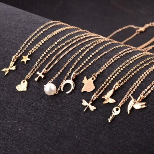 Gold Color Arrow Heart Cross Moon Map Butterfly Bird Dragonfly Star Pearl Pendant Necklace Chain Necklace For Women Without Box