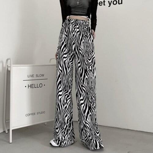Women Leopard High Waist Pants Fashion Street Female Trousers 2021 Chic Classic Wide-Leg Pants Elastic Waist Black Loose Trouser