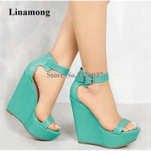 Ladies Fashion Style One Strap High Platform Leather Wedge Sandals Green Pink Brown Height Increased Ankle Strap Sandals