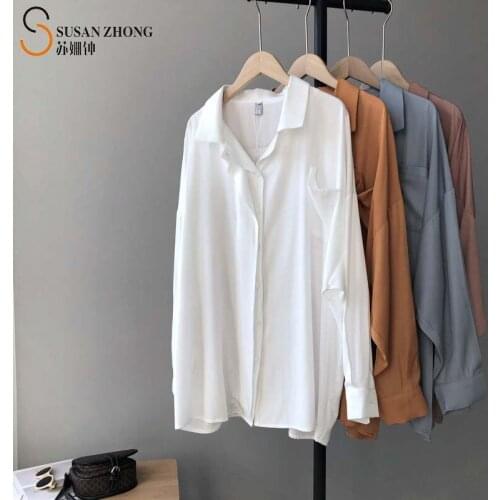 Women Shirts Female Blouses Tops Long Sleeve Batwing Straight Loose Sexy Turn-Down Collar Pockets Elegant Poplin Korean Fashion