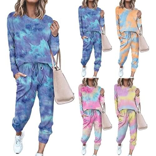 S-2XL Womens Two Piece Pajamas Set Tie Dye Printed Round Neck Pullover Homewear Drawstring Long Pants for Female