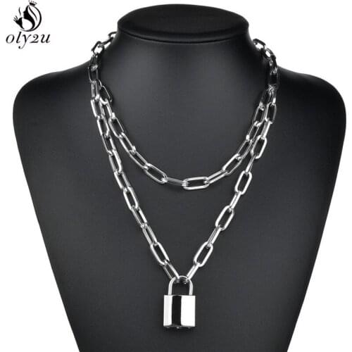 Oly2u Double layer Lock Chain Necklace Punk 90s Padlock Pendant Necklace Women Aesthetic Egirl Jewelry Statement Necklaces