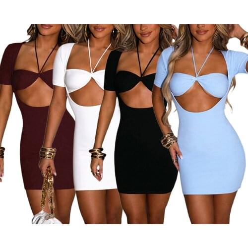 Womens Halter Bodycon Mini Dress, Sexy Short Sleeve Solid Color Cutout Ruched Straight Dresses
