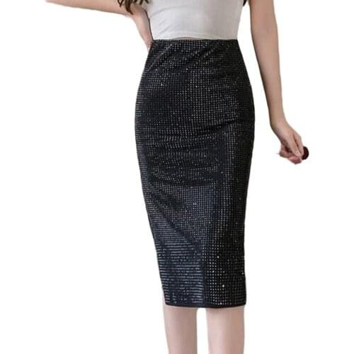 2021 Autumn Patchwork Diamond Black Skirt For Women High Waist Side Split Casual Skirts Female