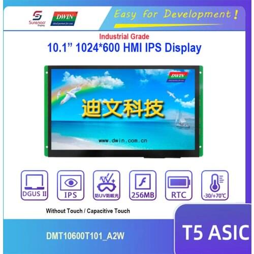 Dwin T5 HMI Display, 10.1" 1024X600 DMT10600T101_A2W RS232 RS485 IPS LCD Module Screen with Capacitive Touch Panel