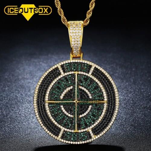 ICEOUTBOX New Round Compass Pendant Necklace For Men Bling Cubic Zircon Full Crystal Fashion Hip Hop Jewelry With Tennis Chain