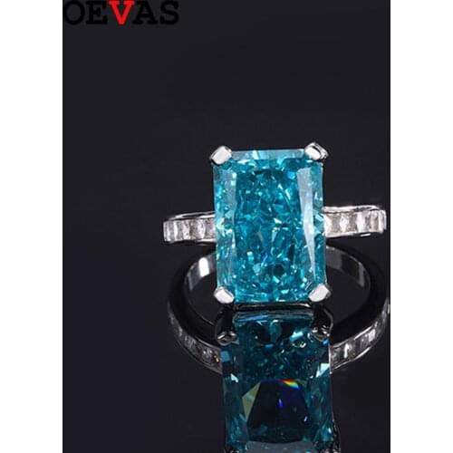OEVAS 100% 925 Sterling Silver 10*14mm Mint Green Aquamarine Yellow High Carbon Diamond Radiant Cut Rings Fine Jewelry Wholesale