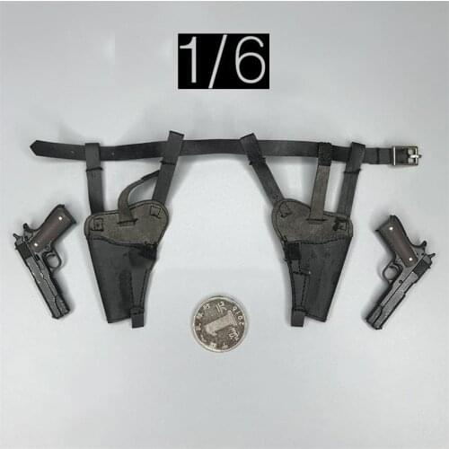 For Sale 1/6th 3ATOYS Skull 13 Black Leather Waist Belt Hang Holster With 2PCS Pistol Weapon Model Fit With 12inch Body Doll