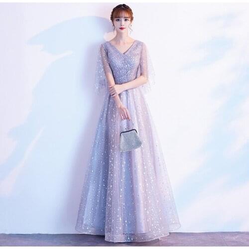 Beauty-Emily V Neck Tulle Evening Dresses Long Crystal Formal Party Dress A-line Elegant Woman Dress Stage Prom Gown For Wedding