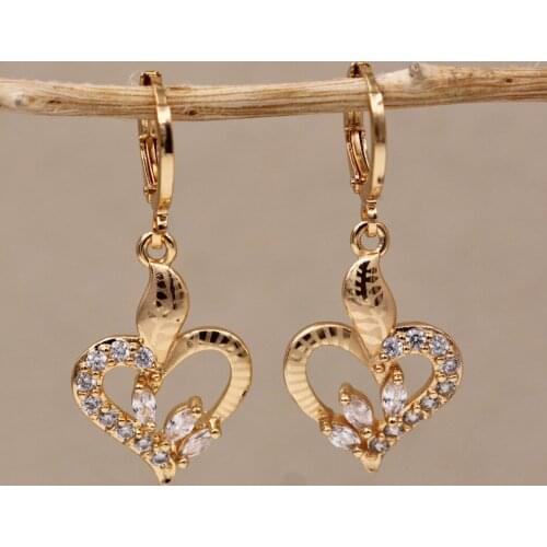 Trendy Romantic Heart Gold Copper Earrings White Stone Dangle Flower Drop Earring For Women Girls Fashion Jewelry Accessories