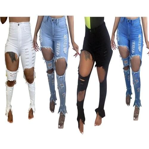 Fashion Ripped Denim Jeans pants hole Hollow Out Split Pants Streetwear High Waist Has Stretch jeans for women Long Pants femme