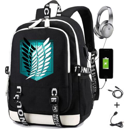 Anime Backpack Print Attack on Titan Scouting Legion Students School Bag Men Causal Travel Laptop Backpack with Charging USB