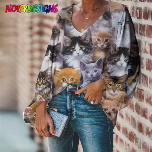 NOISYDESIGNS Blouse Women Cute 3D Cat Printing Womens Tops and Blouses Plus Size Shirts 2021 Ladies Clothes Camisas Mujer
