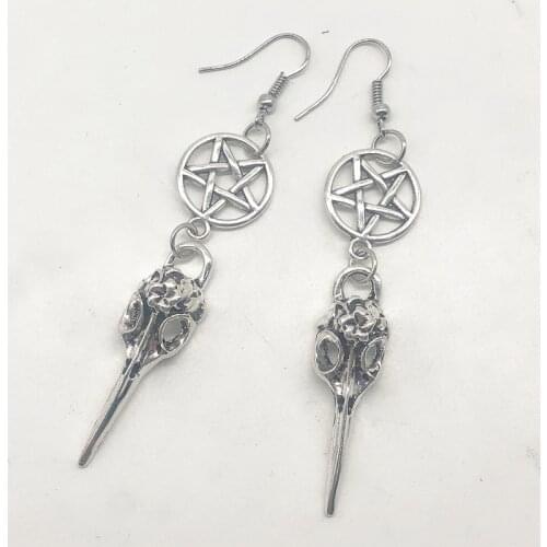 The New Bird skull earrings, Gothic earrings, pentagram, crow skull earrings, Halloween gift