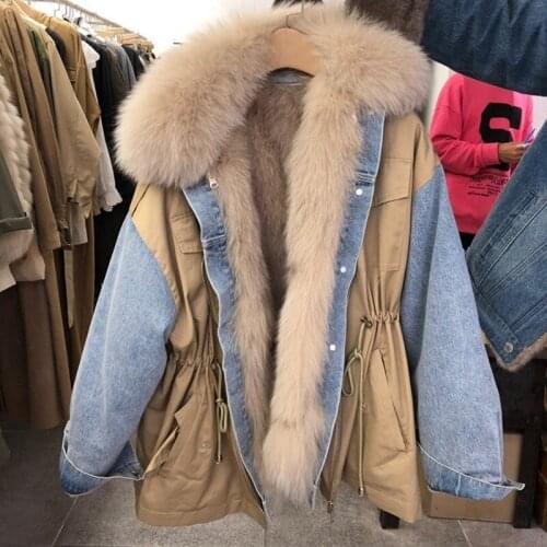 Winter Warm Parkas Women Fashion Patchwork Denim Jacket Rabbit Fur Lining Overcoats Casual Thick Loose Windbreakers Cargo Coat