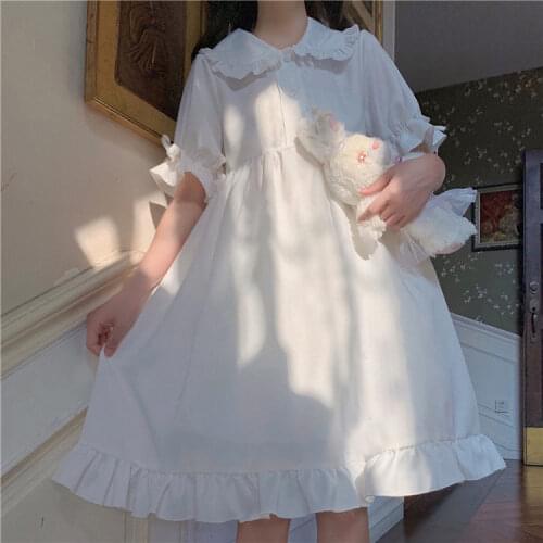 Heydress summer sweet peter pan collar white a-line dress women reffle botton simple Cute Fairy dress Japanese Harajuku Vestidos