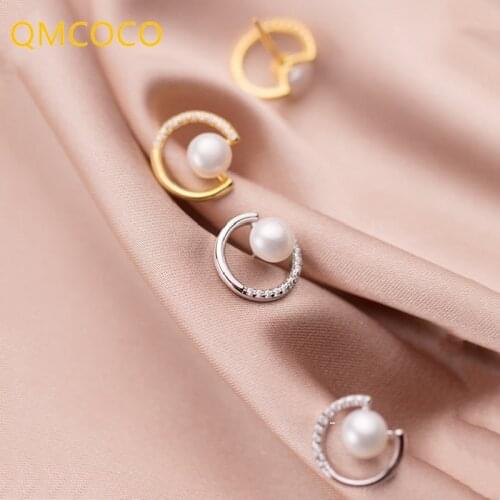 QMCOCO 925 Silver Half-Round Pearl Zircon Earrings Simple Elegant Design 2021 New Korean Women Earring Party Jewelry Accessories