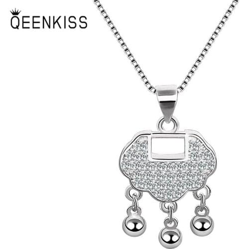 QUEENKISS NC608 2021Fine Jewelry Wholesale Fashion Lady Girl Birthday Wedding AAA Zircon Lock 18KT White Gold Pendant Necklace