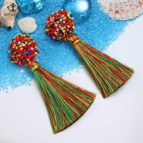 ROYALBEIER New Boho Luxury Beads Brand Long Tassel Drop Dangle Earring for Women Long Dangle Female Wedding Jewelry Wholesale