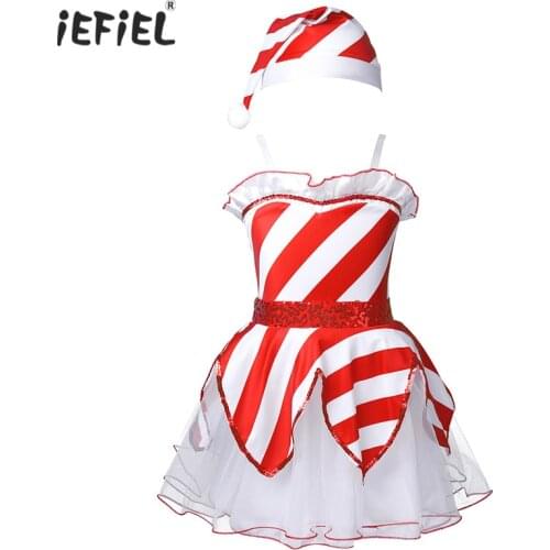 Christmas Costume Kids Girls A-line Dress Outfits Sleeveless Spaghetti Straps Sequined Striped Ruffle Mesh Tutu Dress with Hat