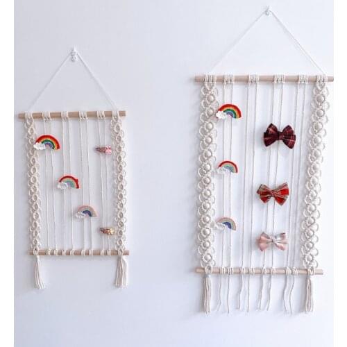 Nordic Boho Macrame Hair Bow Clips Holder Woven Tassel Hairpins Headband Organizer Wood Stick Wall Hanging Display Rack