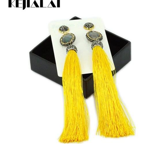 Kejialai Hot Sale Bohemian Earrings Tassel Jewelry Yellow Long Fringe Tassel With Rhinestone Charm Earrings For Women NS-047