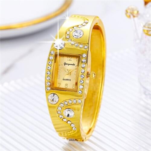 Top Brand Luxury Ladies Full Gold Womens Watches Fashion Rhinestone Square Case Quartz Alloy Hand Wrist Watch Relogio Feminino