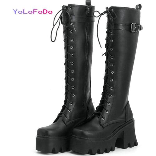 2021 Autumn Winter Women Knee High Boots Platform Square High Heel Ladies Motorcycle Boots Cross Tied Zipper Womens Boots