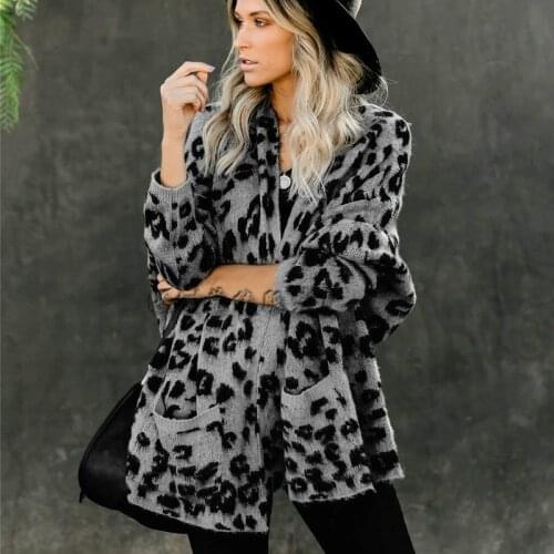 Plus Size Leopard Knit Women Cardigans Casual Loose Knitted Woman Sweaters Coat Pockets Long Sleeve Cardigan Autumn Knitwear