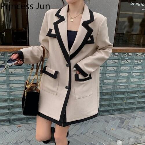 French Fashion Women Contrast Color Suit Jacket 2020 Autumn Winter Long-sleeved Loose Blazer Single Breast Casual Long Coats