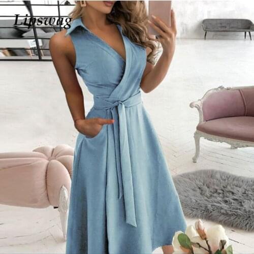 Summer Off Shoulder Sleeveless Long Shirt Dress 2021 Women Sexy Deep V Neck Ladies Party Dress Spring Solid Belted A-Line Dress