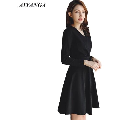 2018 Black A-line Dress Autumn Winter Dresses For Women V Neck Elegant Ladies Long Sleeve Slim Solid Color Dresses Female