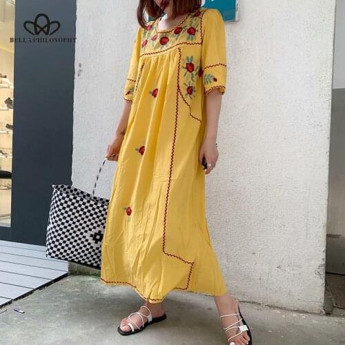 Bella philosophy women short sleeve boho dress floral embroidery long dress elegant female chic vestidos holiday party dress