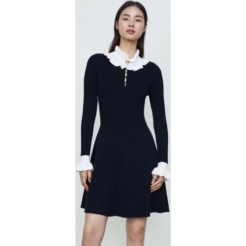 Vintage Royal LIttle Black Sweater 2021 Winter Ruffles Collar Long Sleeve Slim Knee-length Knitting WOmen Jumper Dress