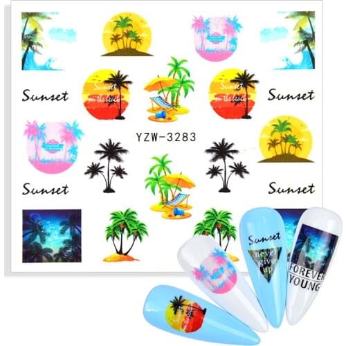 1pcs Sandy Beach Palm Tree Nail Art Beauty Sticker Water Decal Slider Chic Bloming Flower Green Leaf Watermark Tattoos For Nails