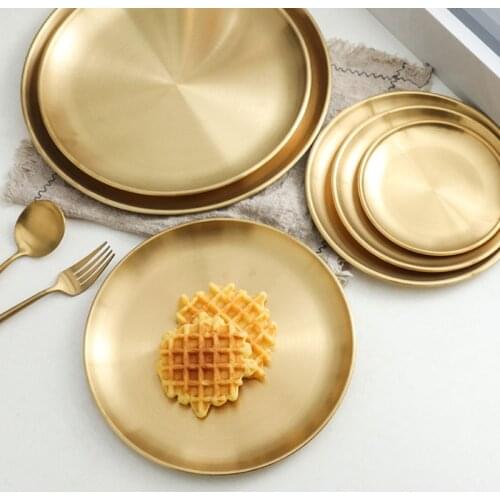 1Pcs European Style Dinner Plates Gold Dining Plate Serving Dishes Round Plate Cake Tray Western Steak Round Tray Kitchen