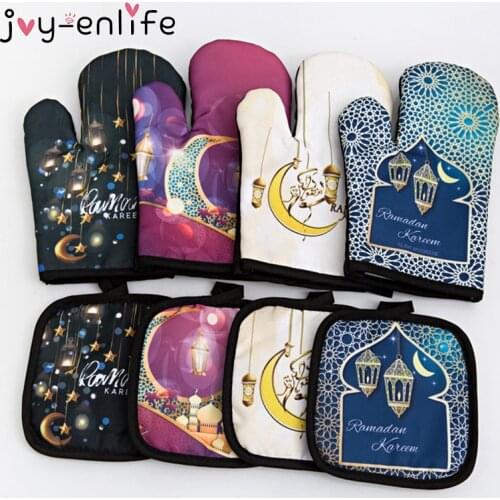 2pcs Eid Mubarak Baking Anti-Hot Gloves Pad Oven Mitts Kitchen Mat Muslim Islamic Ramadan Kareem Party Eid Decoration For Home