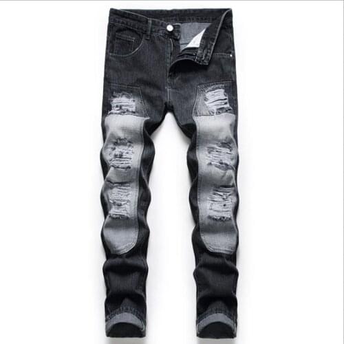 2021 American Style Biker Jeans Men 2021 Casual Washed Cotton Splicing Holes Jeans Mens pantalones hombre Black Denim Pants